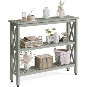 imageYITAHOME Solid Wood Outdoor Console Table 39 Acacia Wood Outdoor Bar Table with 3Tier Storage Shelf XFrame Design and Adjustable Foot Pads for Garden Patio Balcony and Indoor Grey GreenGrey