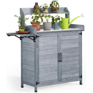 imageYITAHOME Solid Wood Potting Bench Table with Folding Pallet and Metal Tabletop Outdoor Storage Cabinet Planting Table Garden Work Bench for Garden Backyard Grey