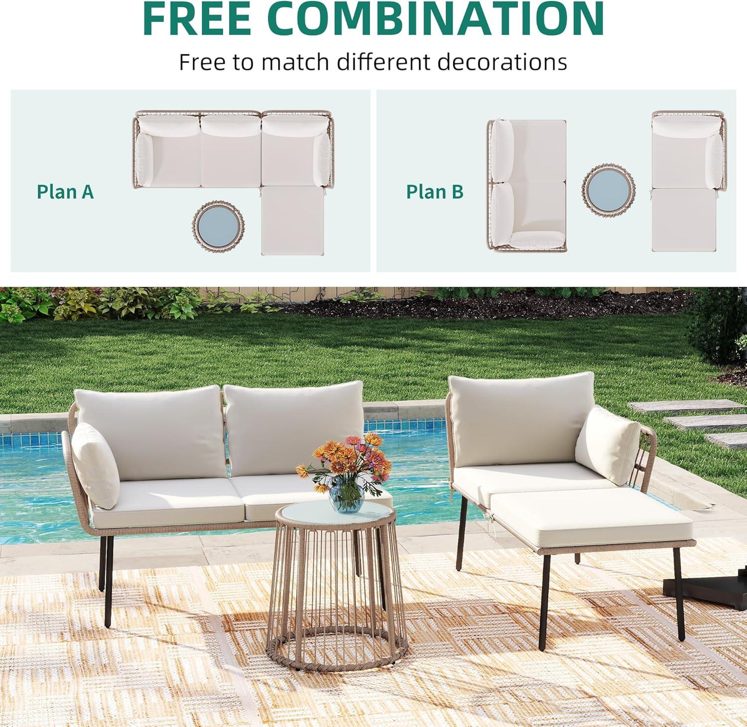 imageYITAHOME 3 Piece Patio Furniture Set Wicker Patio Sectional with Detachable Cushions and Coffee Table Outdoor Furniture Set LShaped Sectional Conversation Sofa Set for Backyard Porch Balcony  Beige