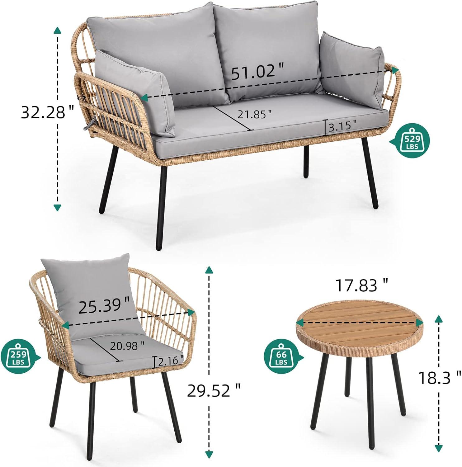 imageYITAHOME 3 Pieces Outdoor Wicker Patio Conversation Bistro Set AllWeather Rattan Patio Furniture Set with Table ampamp Cushions Outdoor Sectional Sofa for Patio Balcony Backyard DeckGrey