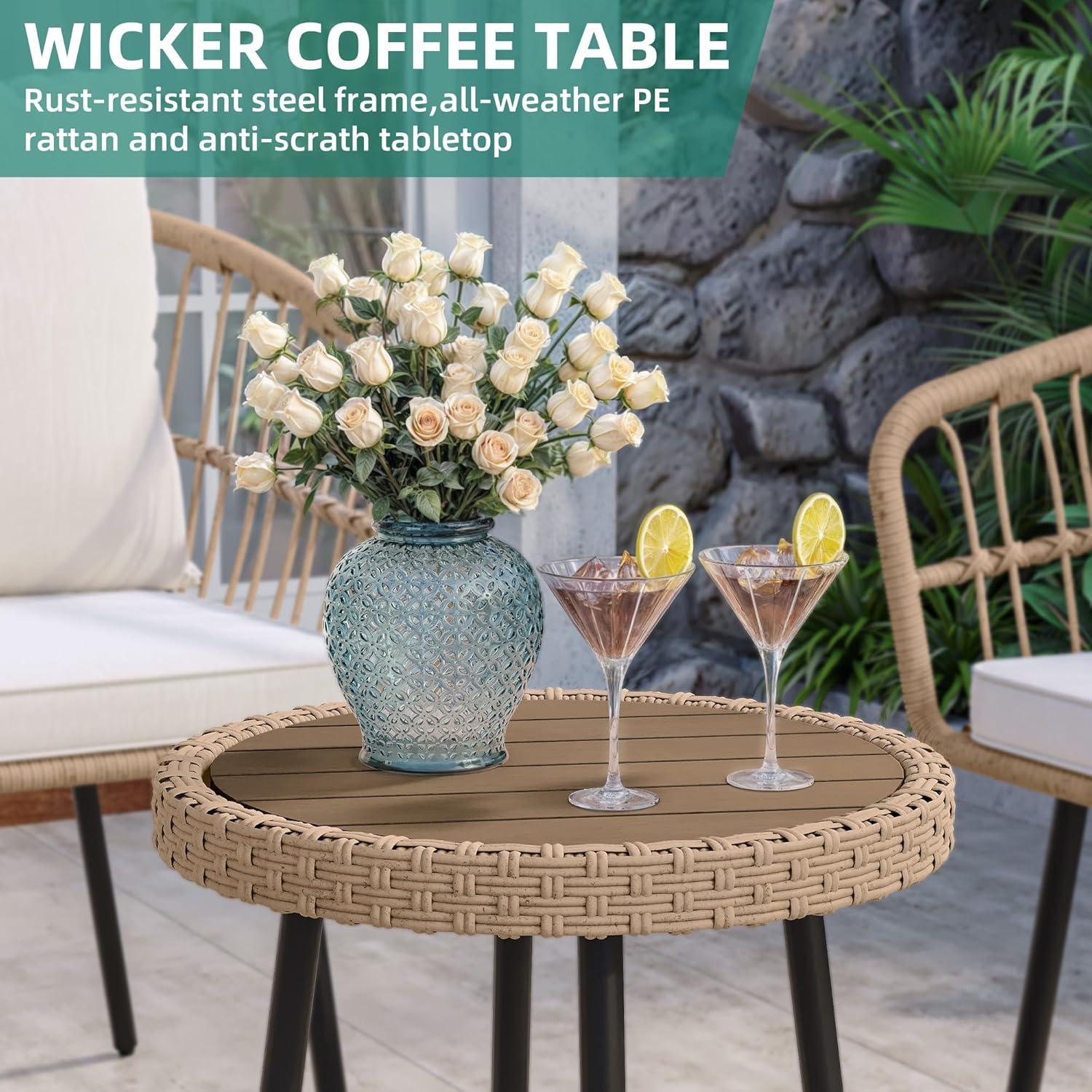 imageYITAHOME 3 Pieces Outdoor Wicker Patio Conversation Bistro Set AllWeather Rattan Patio Furniture Set with Table ampamp Cushions Outdoor Sectional Sofa for Patio Balcony Backyard DeckBeige