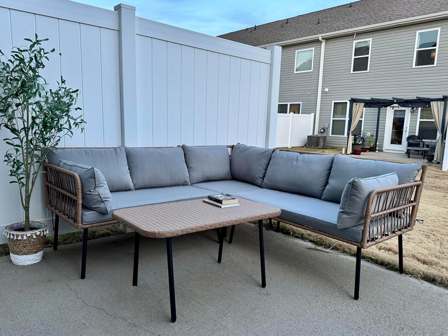 imageYITAHOME 3 Pieces Outdoor Wicker Patio Conversation Bistro Set AllWeather Rattan Patio Furniture Set with Table ampamp Cushions Outdoor Sectional Sofa for Patio Balcony Backyard DeckGrey