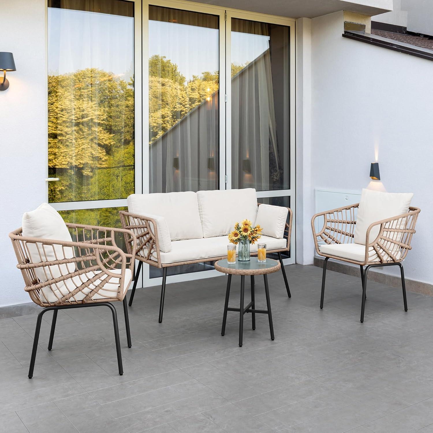 imageYITAHOME 3 Pieces Outdoor Wicker Patio Conversation Bistro Set AllWeather Rattan Patio Furniture Set with Table ampamp Cushions Outdoor Sectional Sofa for Patio Balcony Backyard DeckBeige