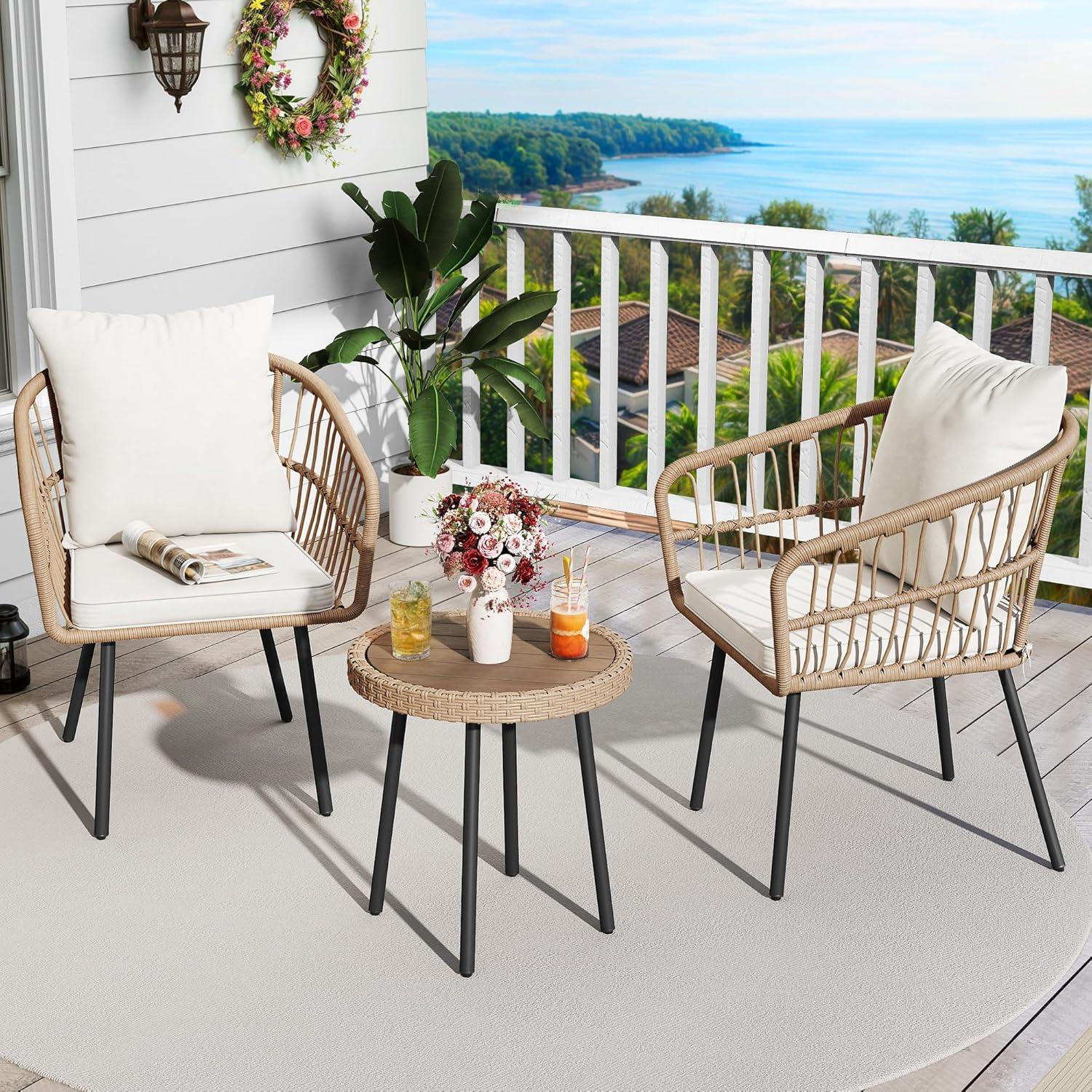 imageYITAHOME 3 Pieces Outdoor Wicker Patio Conversation Bistro Set AllWeather Rattan Patio Furniture Set with Table ampamp Cushions Outdoor Sectional Sofa for Patio Balcony Backyard DeckBeige