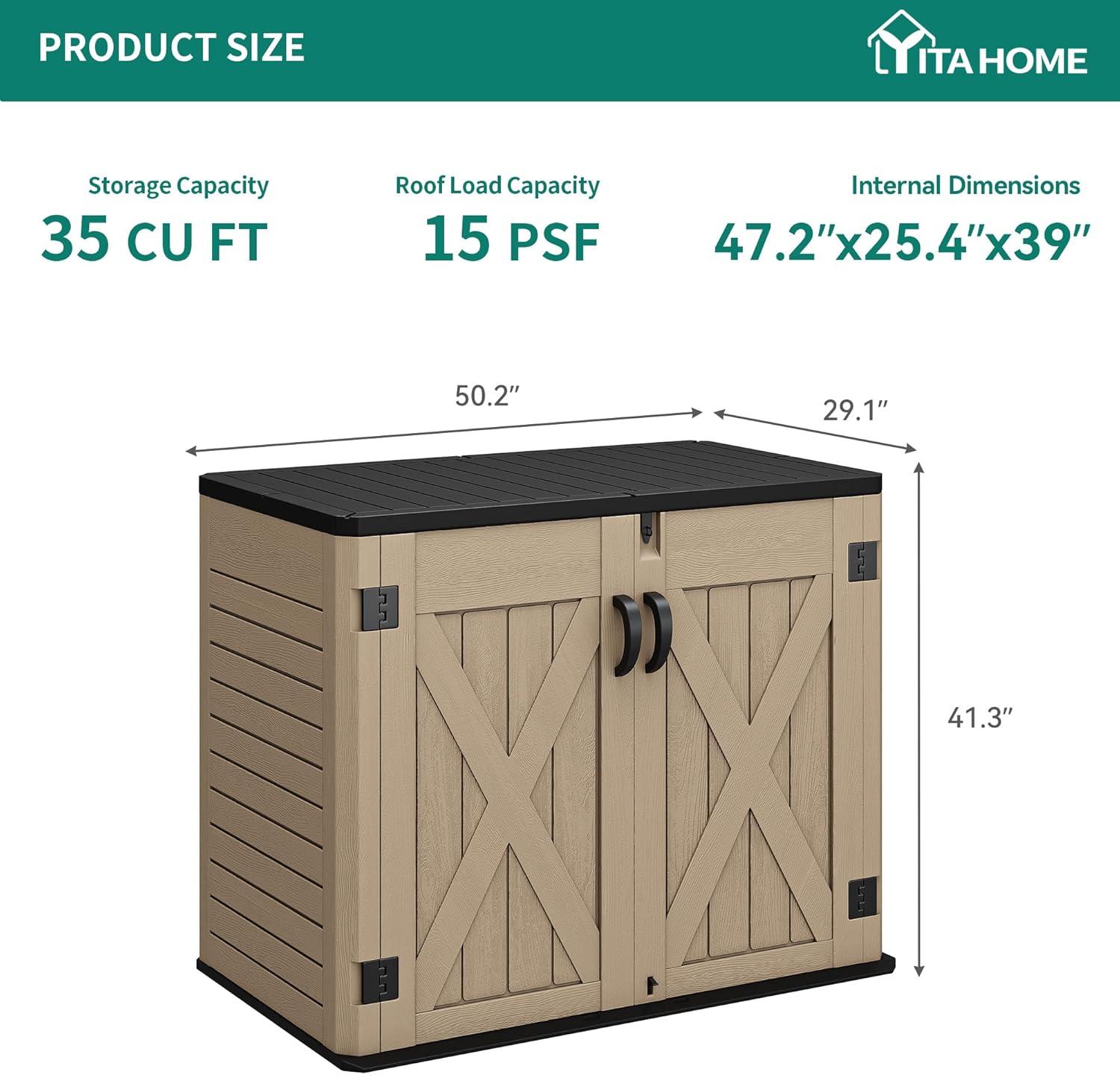 imageYITAHOME 35 Cu Ft Horizontal Weatherproof Storage Shed Without Shelves Outdoor Lockable Resin Unit for Tools and Gear Simple Assembly Light GrayBrown