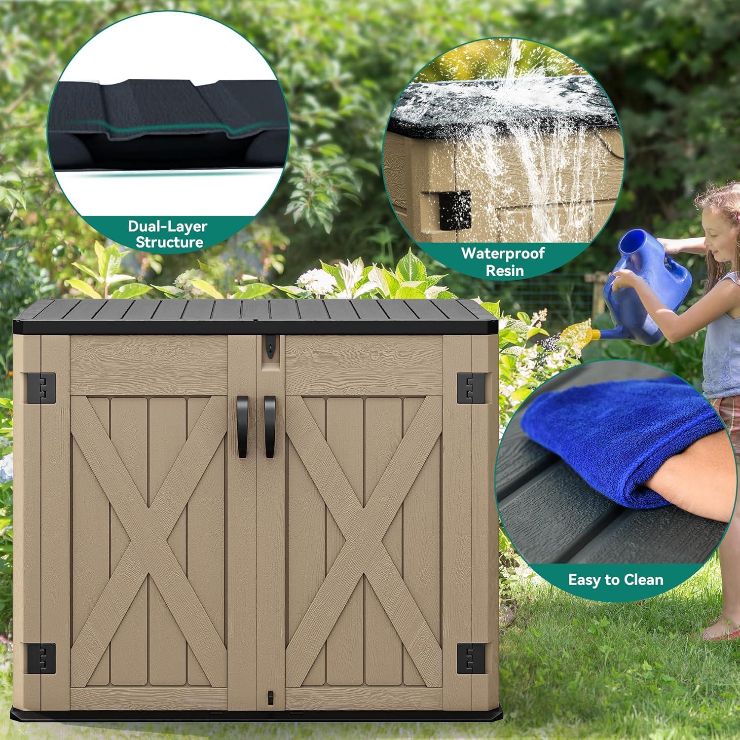 imageYITAHOME 35 Cu Ft Horizontal Weatherproof Storage Shed Without Shelves Outdoor Lockable Resin Unit for Tools and Gear Simple Assembly Light GrayBrown