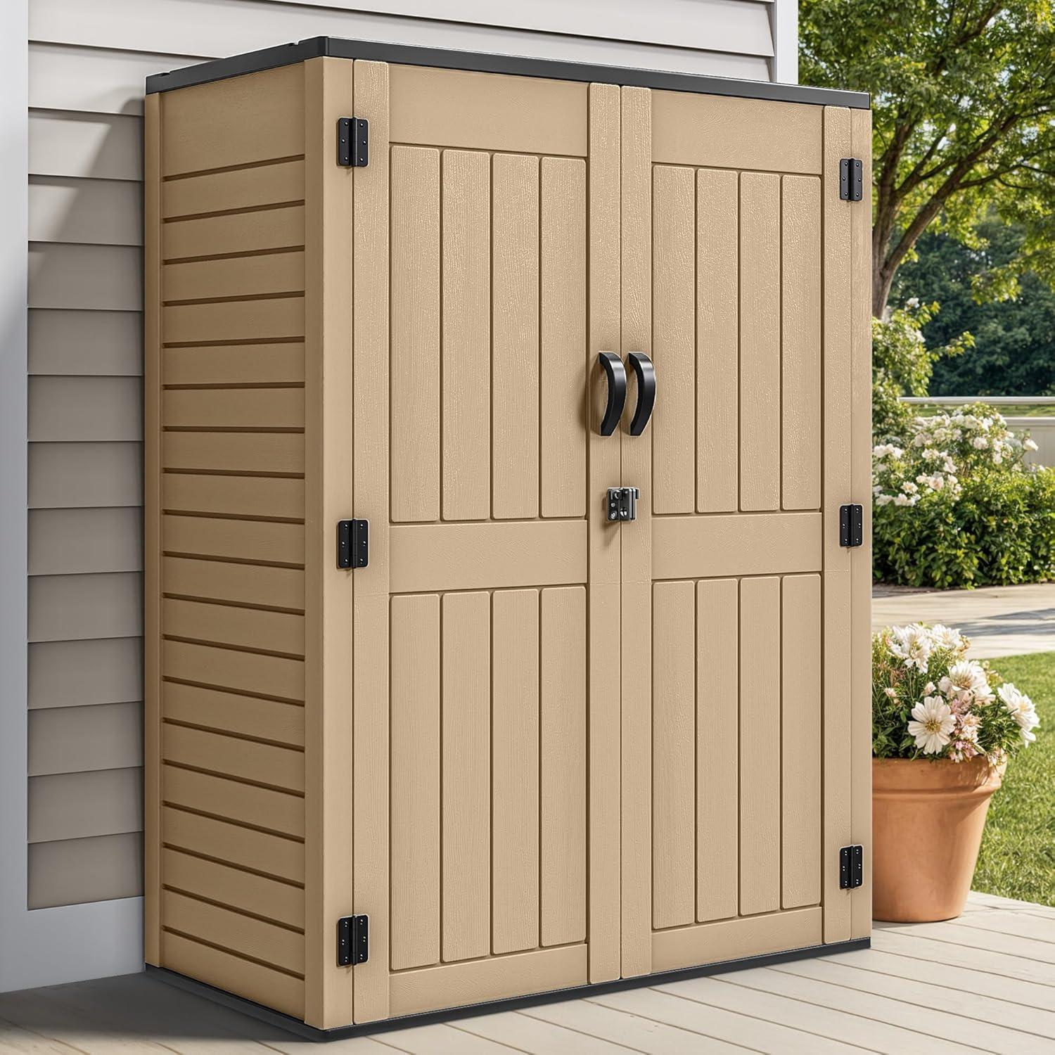 imageYITAHOME 35 Cu Ft Horizontal Weatherproof Storage Shed Without Shelves Outdoor Lockable Resin Unit for Tools and Gear Simple Assembly Light GrayBrown