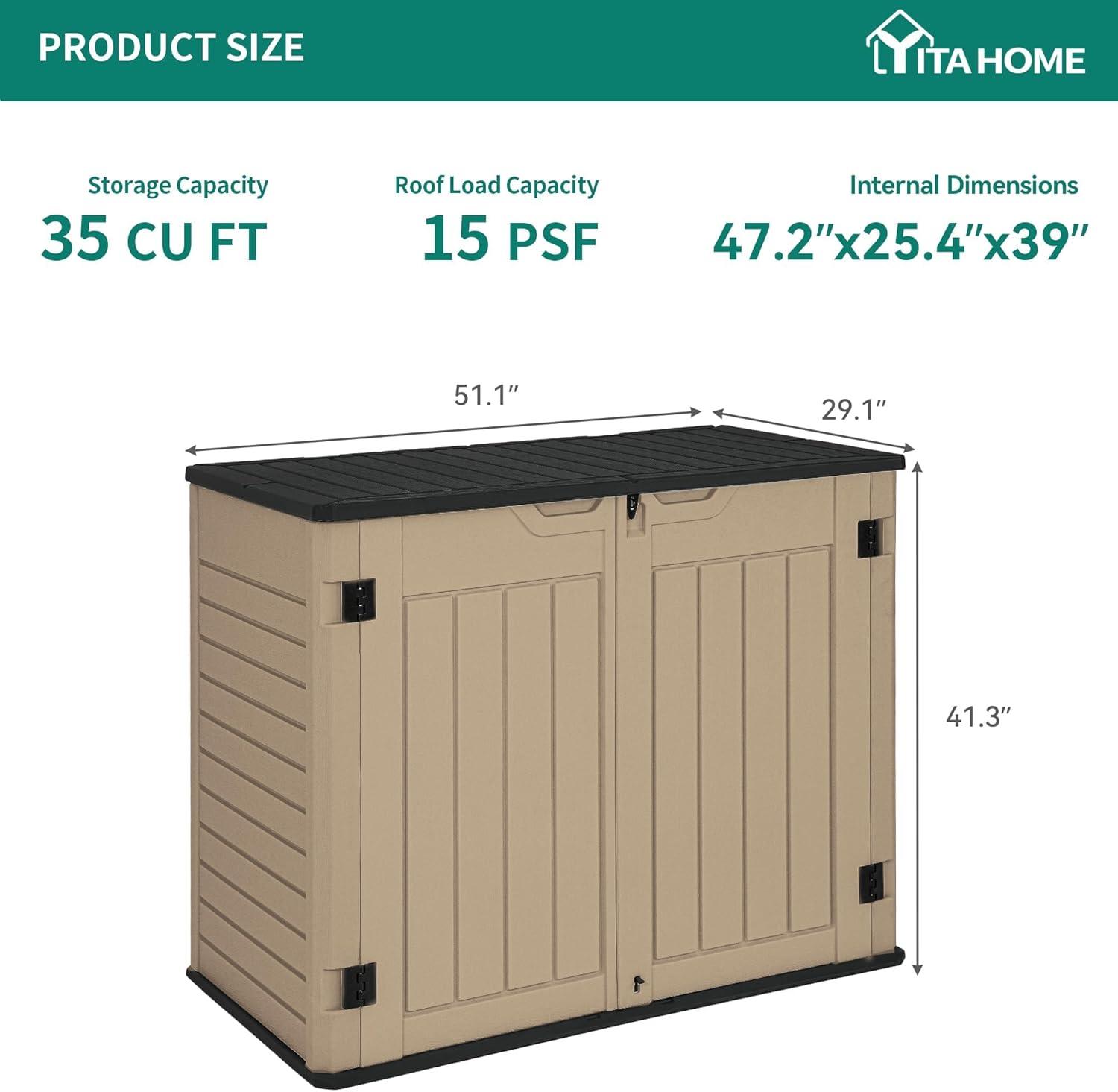 imageYITAHOME 35 Cu Ft Horizontal Weatherproof Storage Shed Without Shelves Outdoor Lockable Resin Unit for Tools and Gear Simple Assembly Light GrayBrown