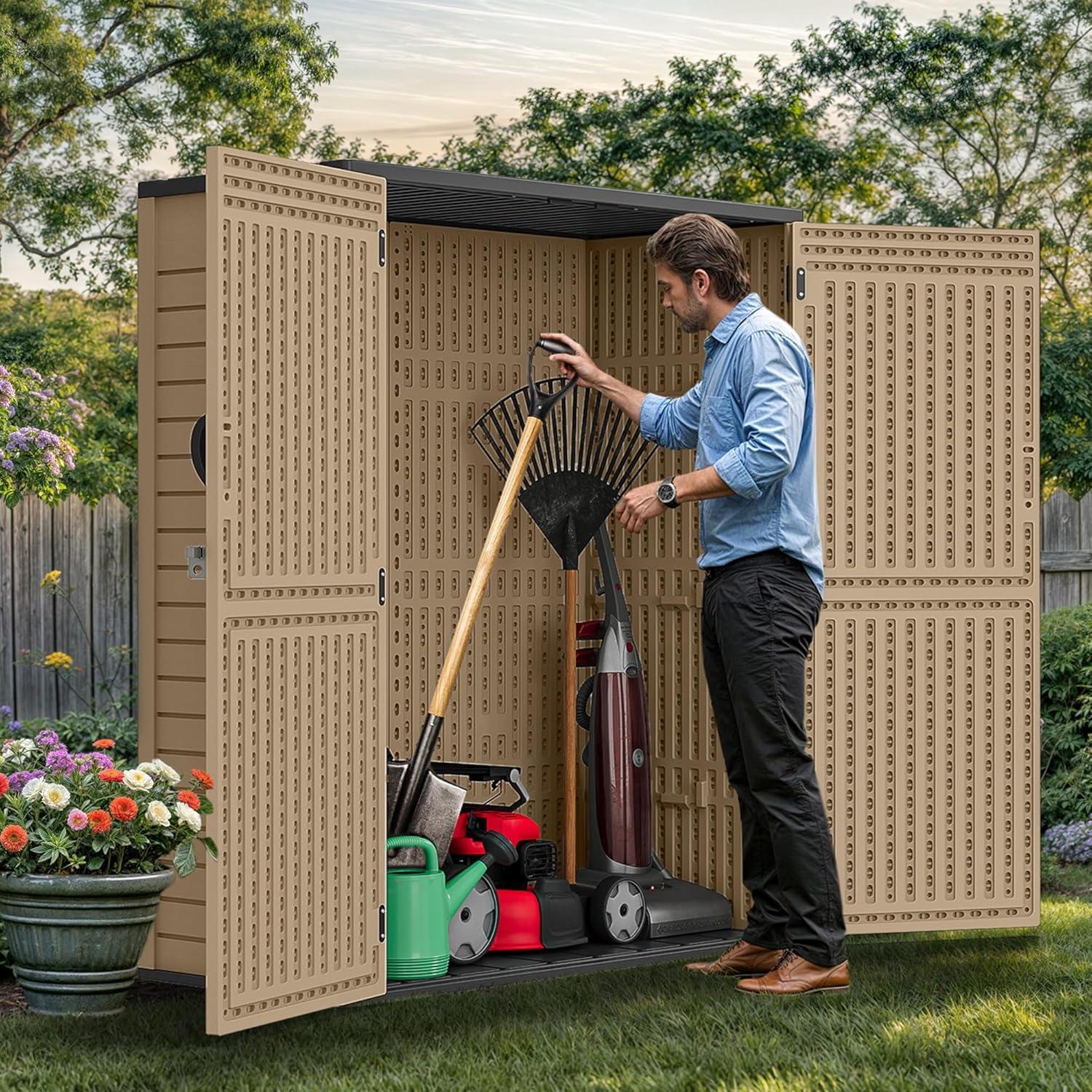 imageYITAHOME 35 Cu Ft Horizontal Weatherproof Storage Shed Without Shelves Outdoor Lockable Resin Unit for Tools and Gear Simple Assembly Light GrayBrown