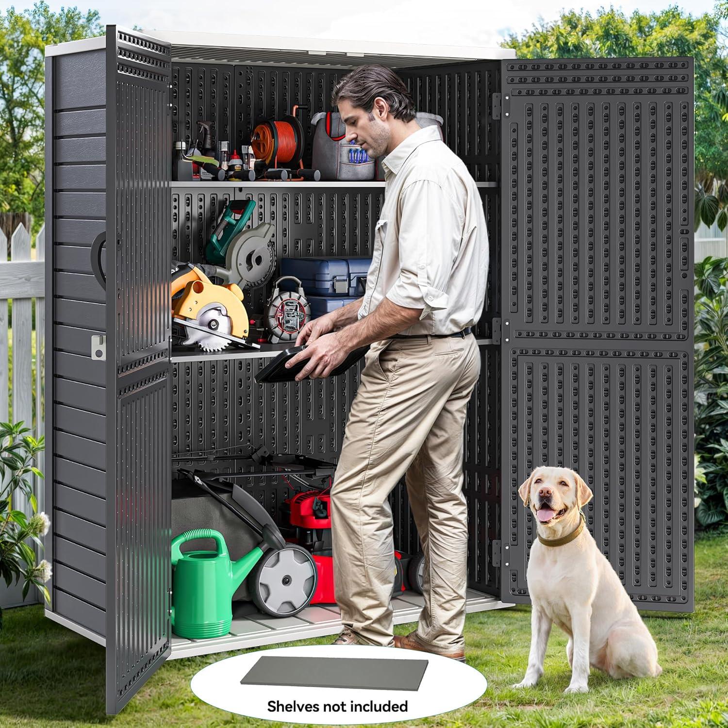 imageYITAHOME 35 Cu Ft Horizontal Weatherproof Storage Shed Without Shelves Outdoor Lockable Resin Unit for Tools and Gear Simple Assembly Light GrayDark Gray