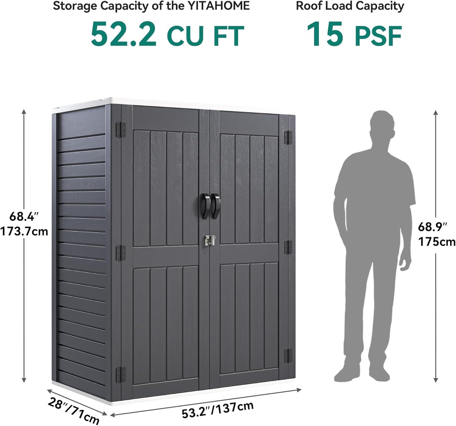 imageYITAHOME 35 Cu Ft Horizontal Weatherproof Storage Shed Without Shelves Outdoor Lockable Resin Unit for Tools and Gear Simple Assembly Light GrayDark Gray