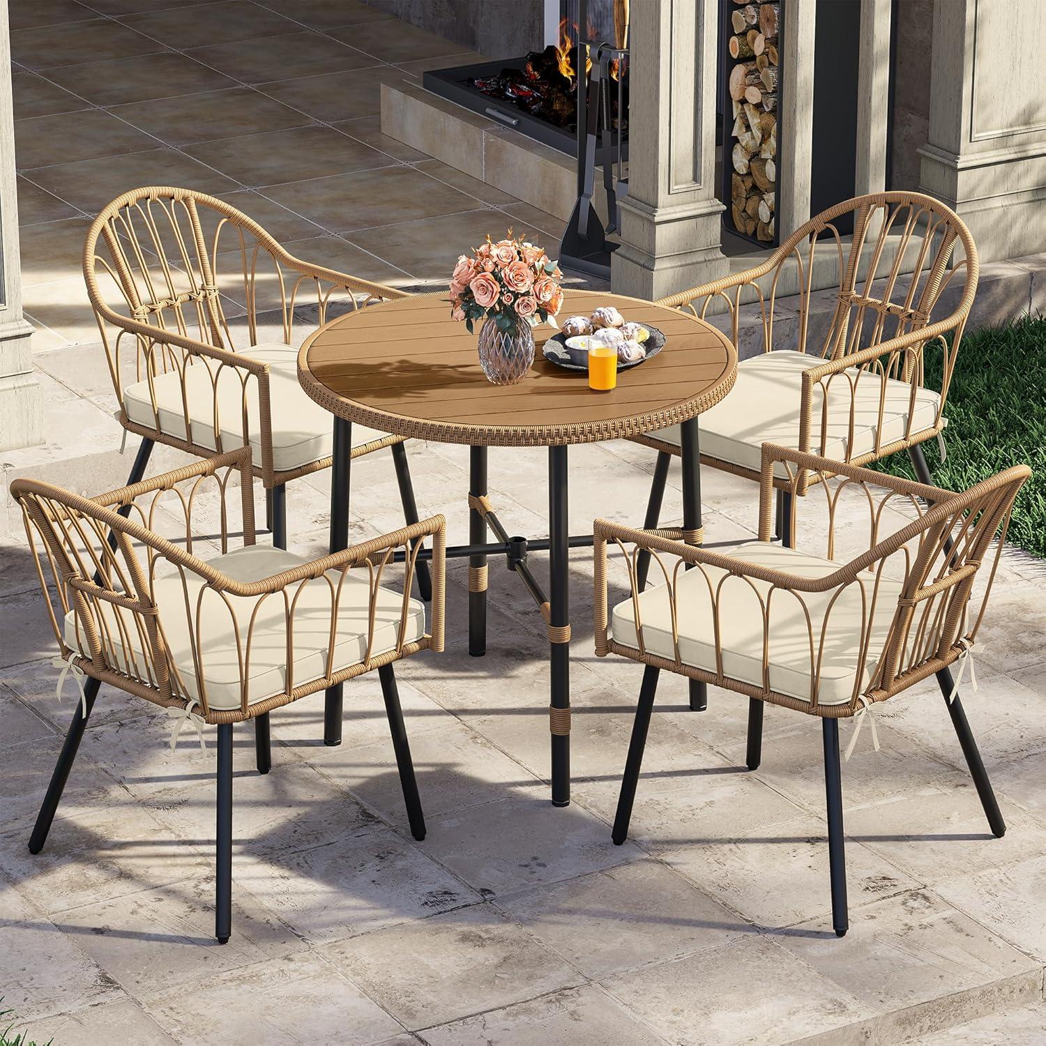 imageYITAHOME 4 Pieces Rattan Wicker Dinning Chairs Outdoor Indoor Patio Furniture Set with Cushion and Curved Back All Weather Bistro Chair for Garden Backyard Porch Poolside Restaurant BeigeBeige