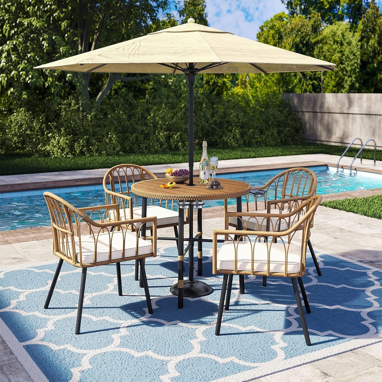 imageYITAHOME 4 Pieces Rattan Wicker Dinning Chairs Outdoor Indoor Patio Furniture Set with Cushion and Curved Back All Weather Bistro Chair for Garden Backyard Porch Poolside Restaurant BeigeBeige  Wood
