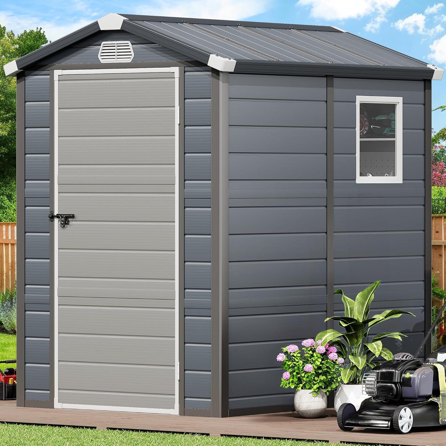 imageYITAHOME 44x6FT Outdoor Storage Shed wo Floor AllWeather Plastic Shed with Lockable Doors Window ampamp Vents Plastic Tool Shed for Backyard Patio Poolside Lawn Gray