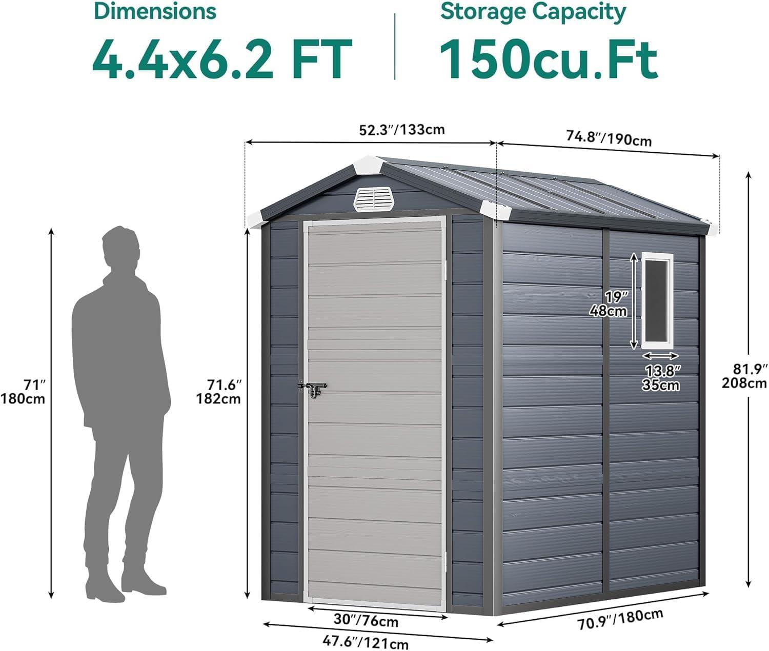 imageYITAHOME 44x6FT Outdoor Storage Shed wo Floor AllWeather Plastic Shed with Lockable Doors Window ampamp Vents Plastic Tool Shed for Backyard Patio Poolside Lawn Gray