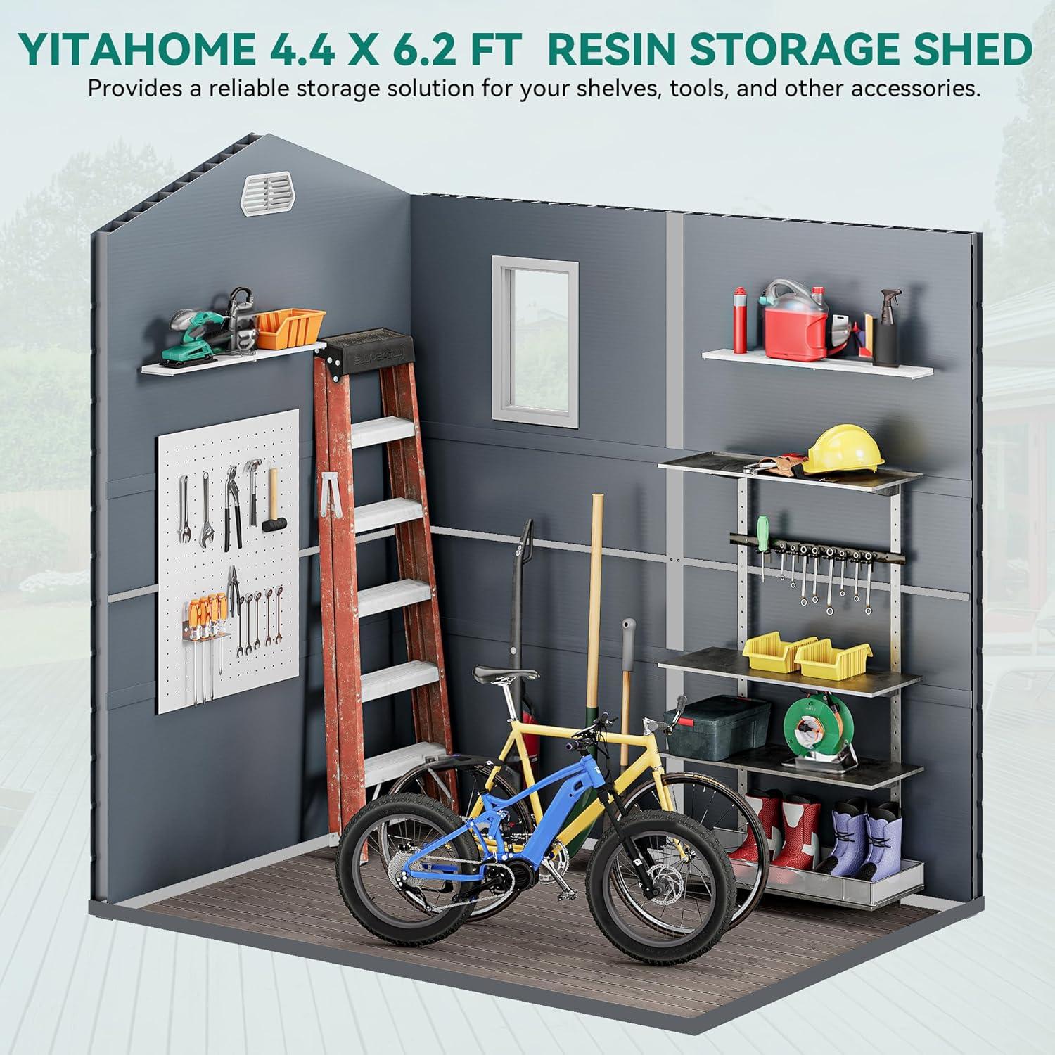 imageYITAHOME 44x6FT Outdoor Storage Shed wo Floor AllWeather Plastic Shed with Lockable Doors Window ampamp Vents Plastic Tool Shed for Backyard Patio Poolside Lawn Gray