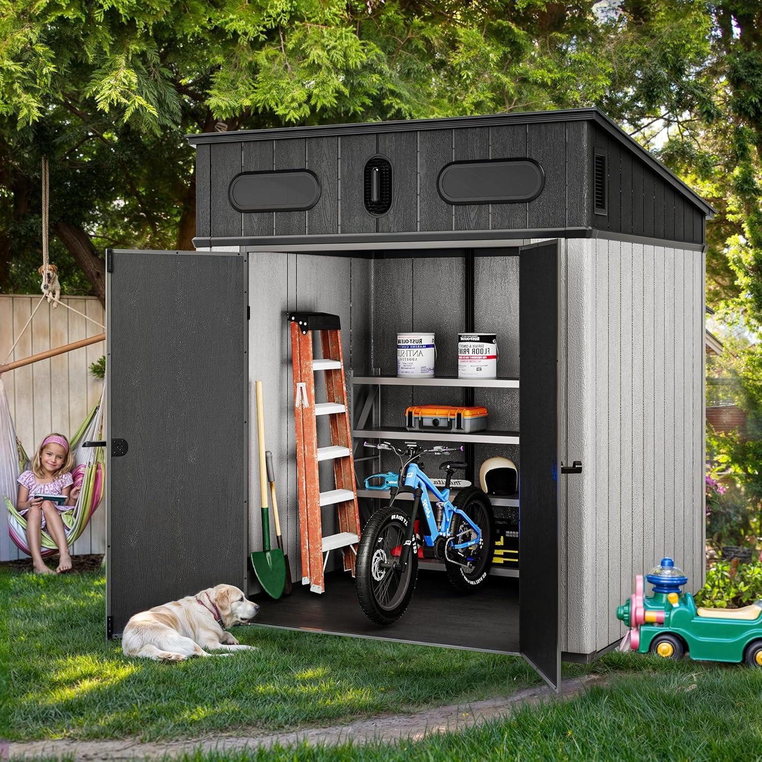 imageYITAHOME 6x6 FT Outdoor Storage Shed AllWeather Resin Garden Shed with Windows Vents and Lockable Double Doors for Garden Tools Bikes and Sundries WaterproofGray