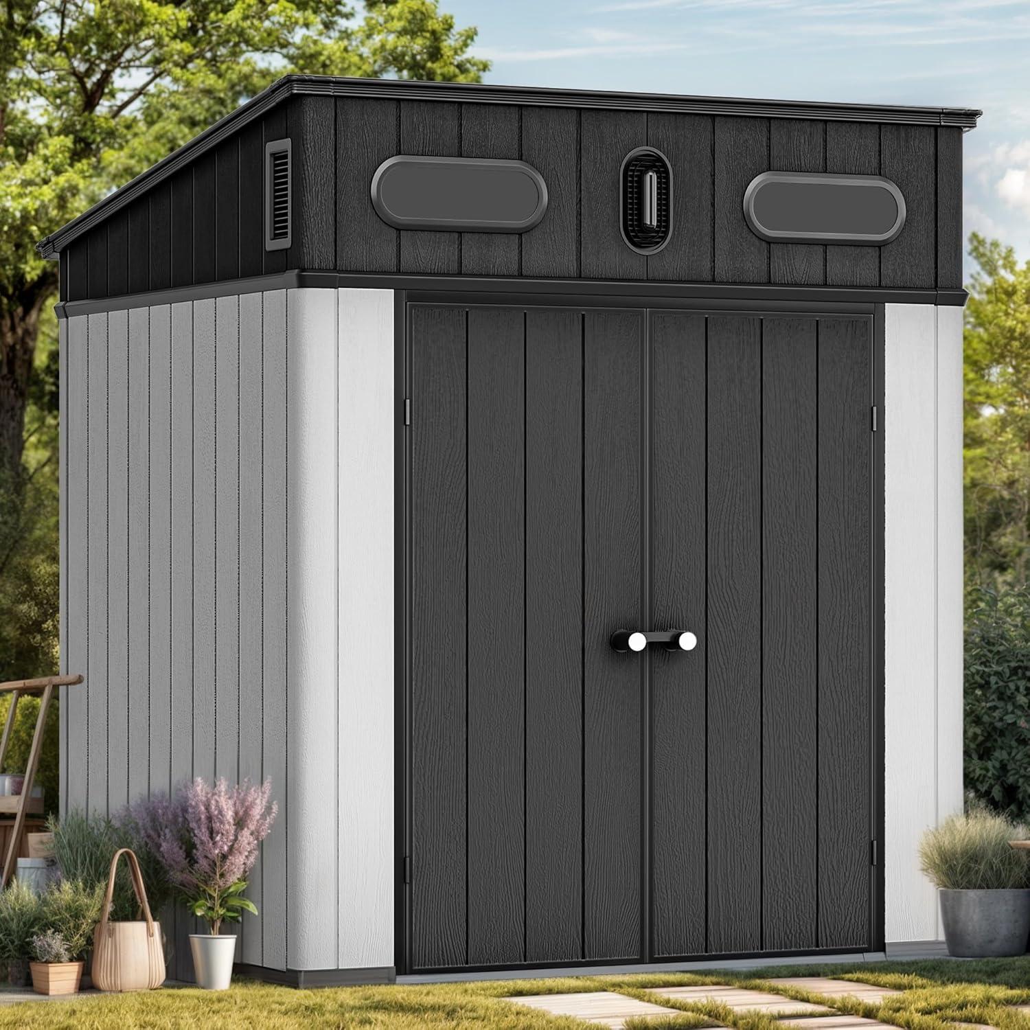 imageYITAHOME 6x6 FT Outdoor Storage Shed AllWeather Resin Garden Shed with Windows Vents and Lockable Double Doors for Garden Tools Bikes and Sundries WaterproofGray