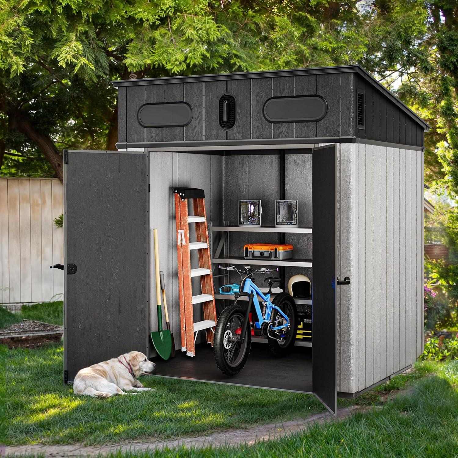 imageYITAHOME 6x6 ft Outdoor Resin Storage Shed Waterproof Garden Shed with Windows Floor Double Doors WeatherResistant Lockable Tool Organizer for Outdoor Tools Supplies Bikes GrayLight Gray