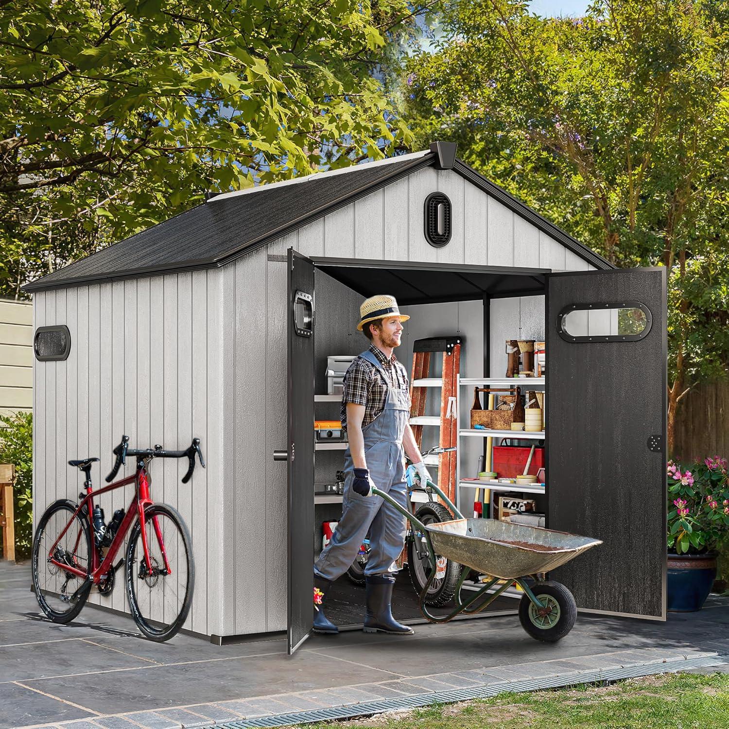 imageYITAHOME 8x8ft Outdoor Storage Shed with Floor 427 cuft Waterproof Plastic Garden Shed with Lockable Door Windows ampamp Vents Plastic Tool Storage for Patio Furniture Lawn Mower Bike Storage Gray