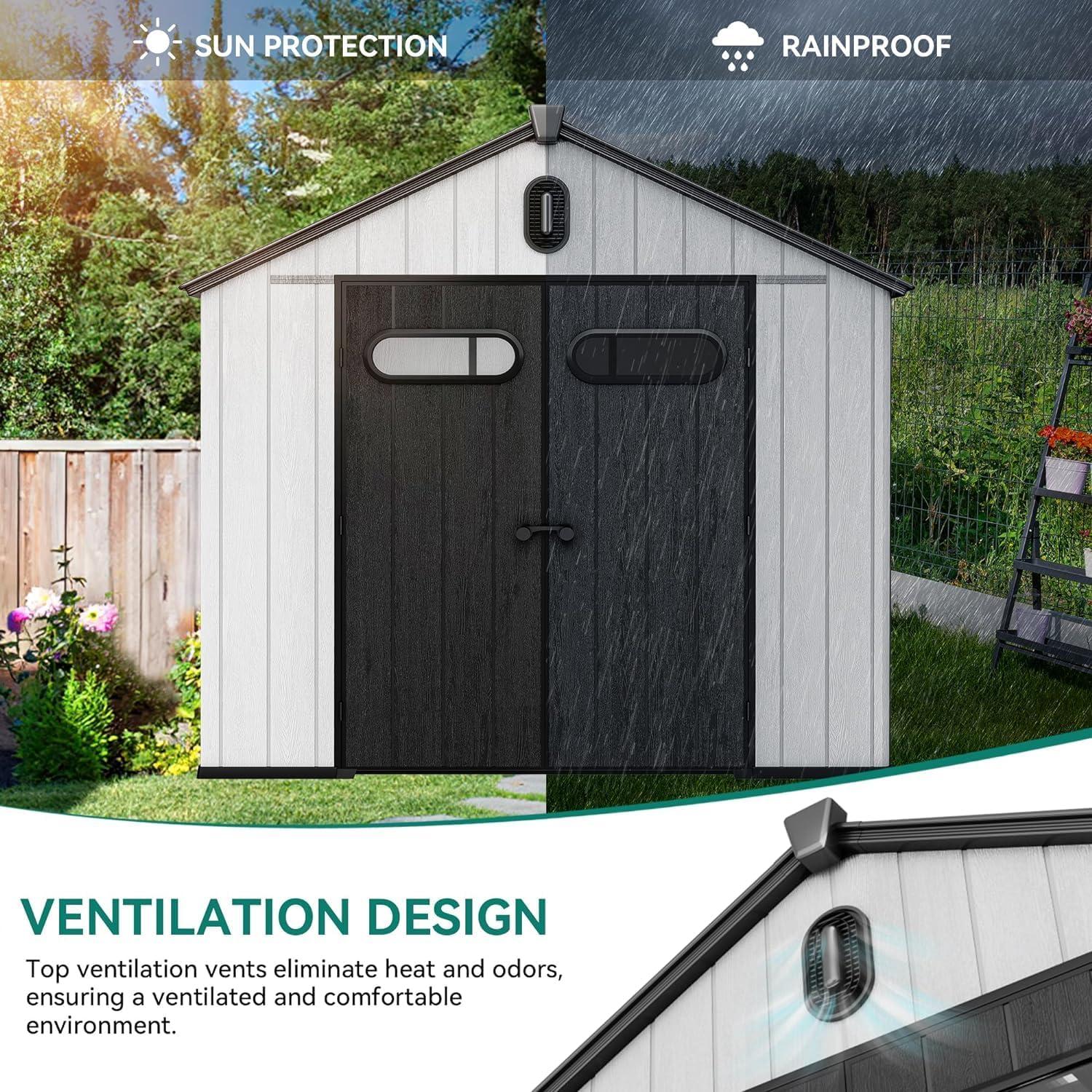 imageYITAHOME 8x8ft Outdoor Storage Shed with Floor 427 cuft Waterproof Plastic Garden Shed with Lockable Door Windows ampamp Vents Plastic Tool Storage for Patio Furniture Lawn Mower Bike Storage Gray