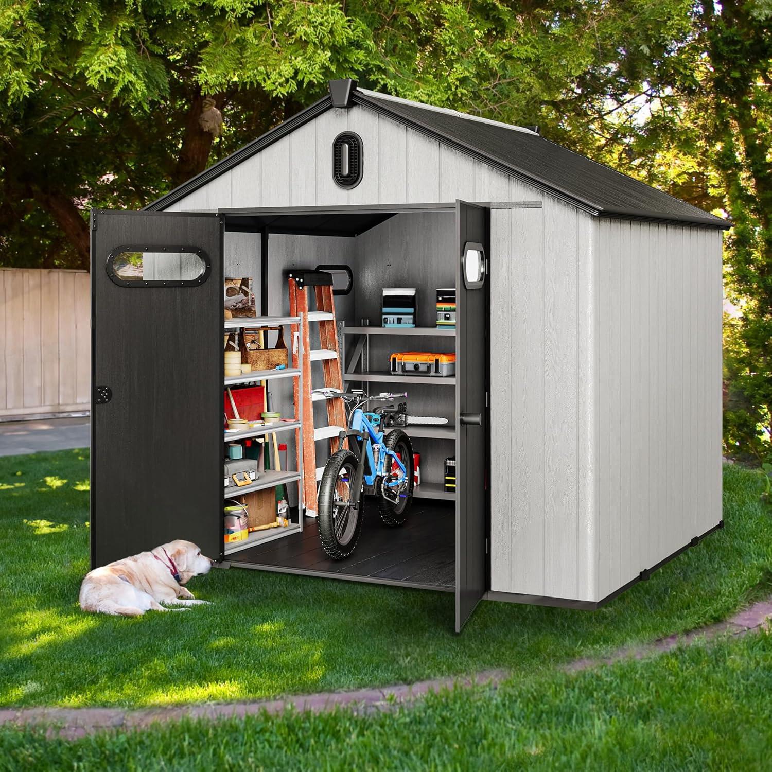 imageYITAHOME 8x8ft Outdoor Storage Shed with Floor 427 cuft Waterproof Plastic Garden Shed with Lockable Door Windows ampamp Vents Plastic Tool Storage for Patio Furniture Lawn Mower Bike Storage Gray
