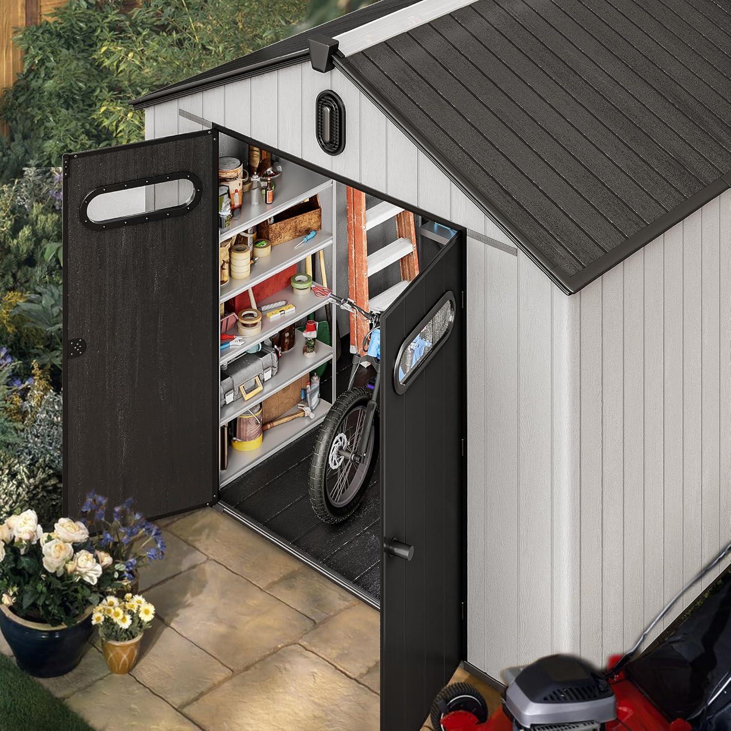 imageYITAHOME 8x8ft Outdoor Storage Shed with Floor 427 cuft Waterproof Plastic Garden Shed with Lockable Door Windows ampamp Vents Plastic Tool Storage for Patio Furniture Lawn Mower Bike Storage Gray