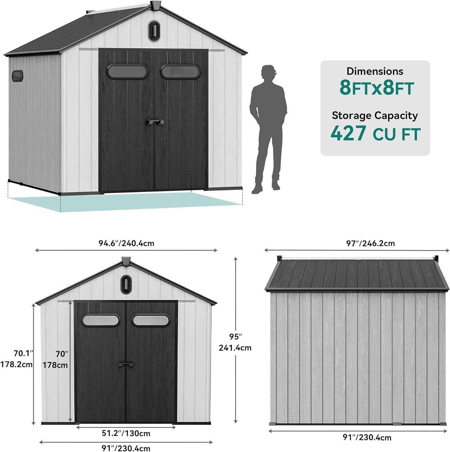 imageYITAHOME 8x8ft Outdoor Storage Shed with Floor 427 cuft Waterproof Plastic Garden Shed with Lockable Door Windows ampamp Vents Plastic Tool Storage for Patio Furniture Lawn Mower Bike Storage Gray