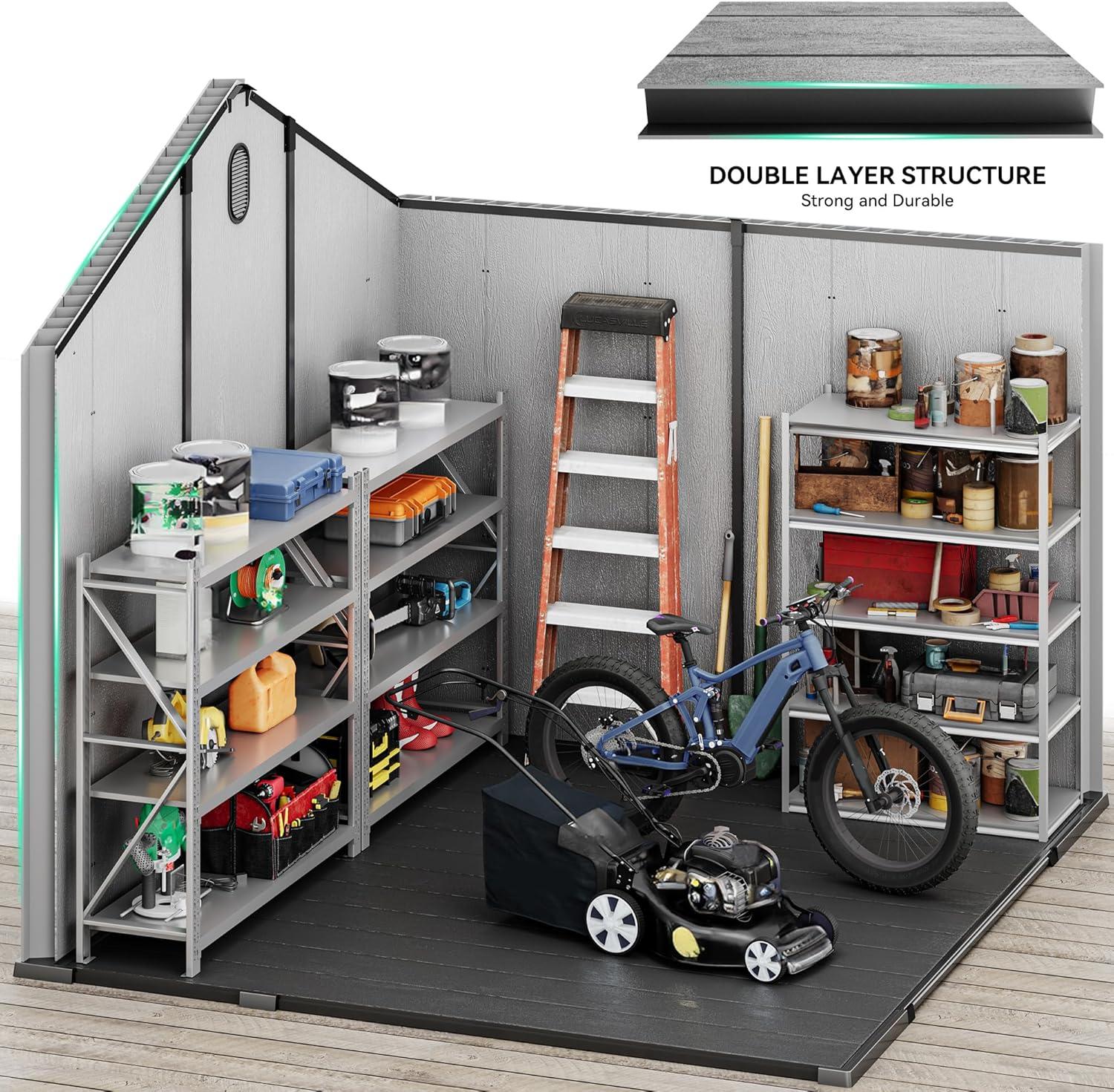 imageYITAHOME 8x8ft Outdoor Storage Shed with Floor 427 cuft Waterproof Plastic Garden Shed with Lockable Door Windows ampamp Vents Plastic Tool Storage for Patio Furniture Lawn Mower Bike Storage Gray