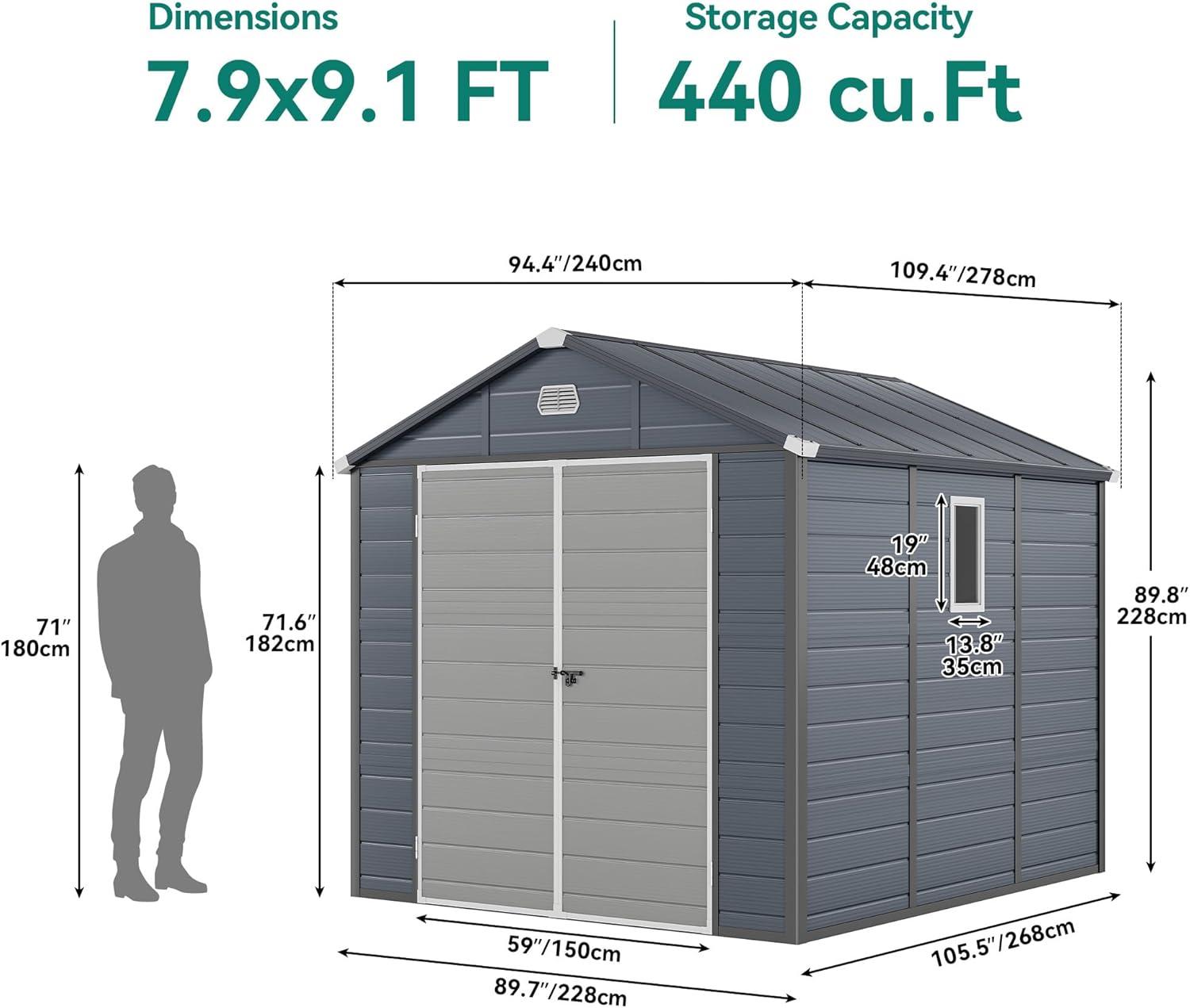 imageYITAHOME 8x91FT Resin Storage Unit sans Flooring AllWeather Plastic Shed with Window Vents and Secured Doors Outdoor Plastic Tool Cabin for Poolside Lawn Backyard Patio Dark Gray