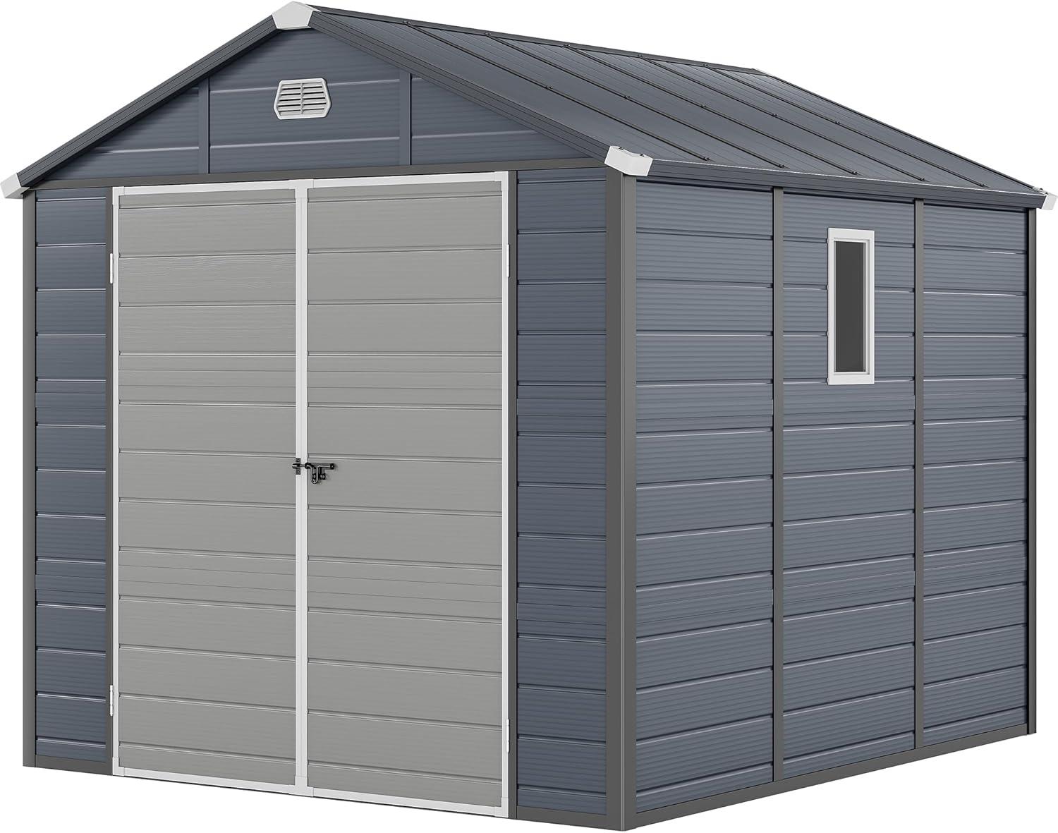 imageYITAHOME 8x91FT Resin Storage Unit sans Flooring AllWeather Plastic Shed with Window Vents and Secured Doors Outdoor Plastic Tool Cabin for Poolside Lawn Backyard Patio Dark Gray