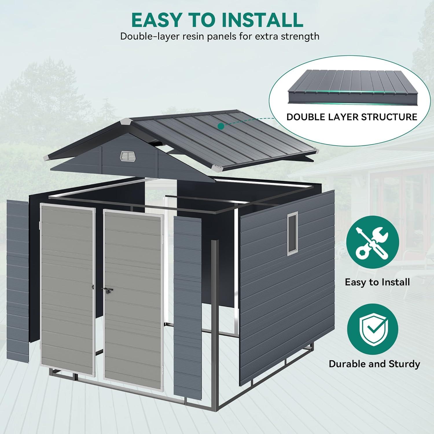 imageYITAHOME 8x91FT Resin Storage Unit sans Flooring AllWeather Plastic Shed with Window Vents and Secured Doors Outdoor Plastic Tool Cabin for Poolside Lawn Backyard Patio Dark Gray