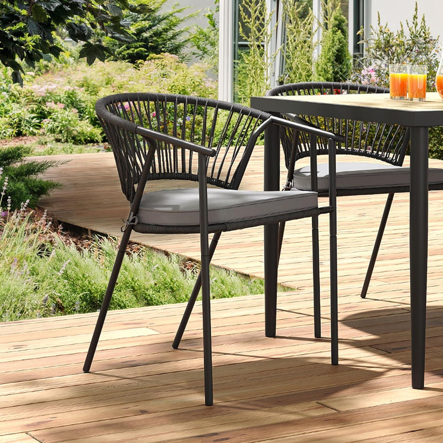 imageYITAHOME Outdoor Dining Chair Set of 6 Rope Woven Design Stackable Chairs IndoorOutdoor Armchair Seating for Patio Backyard Poolside Balcony  GreyGrey  Black