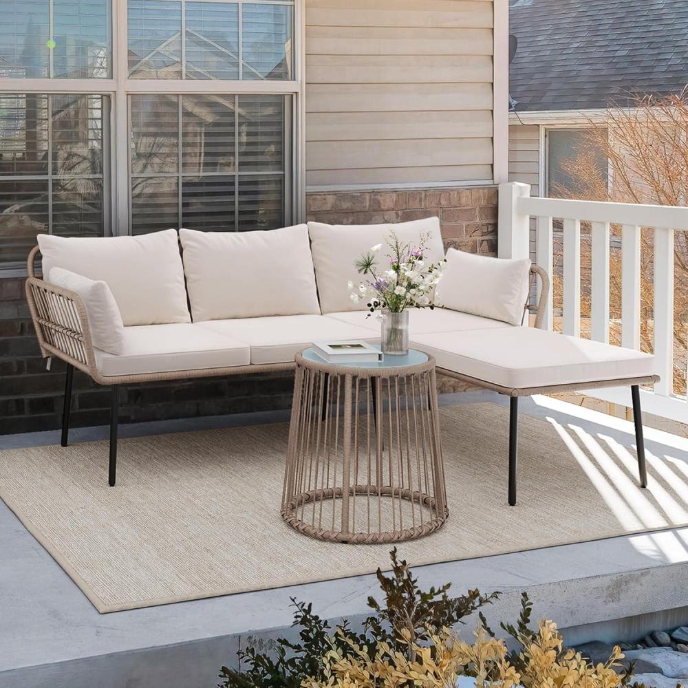 imageYITAHOME 3 Piece Patio Furniture Set Wicker Patio Sectional with Detachable Cushions and Coffee Table Outdoor Furniture Set LShaped Sectional Conversation Sofa Set for Backyard Porch Balcony  Beige