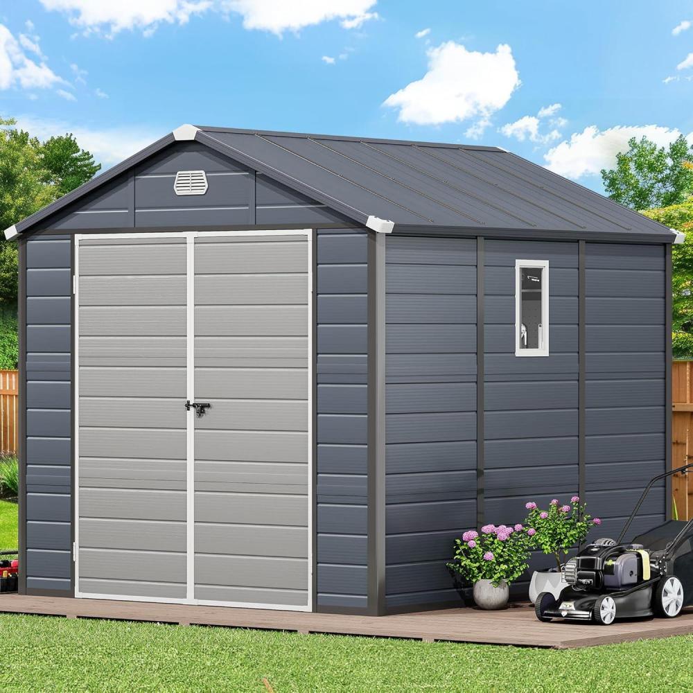 imageYITAHOME 8x91FT Resin Storage Unit sans Flooring AllWeather Plastic Shed with Window Vents and Secured Doors Outdoor Plastic Tool Cabin for Poolside Lawn Backyard Patio Dark Gray