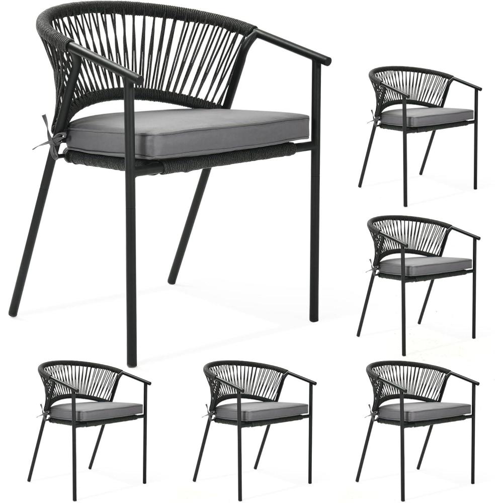imageYITAHOME Outdoor Dining Chair Set of 6 Rope Woven Design Stackable Chairs IndoorOutdoor Armchair Seating for Patio Backyard Poolside Balcony  GreyGrey  Black