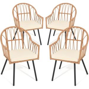 imageYITAHOME 4 Pieces Rattan Wicker Dinning Chairs Outdoor Indoor Patio Furniture Set with Cushion and Curved Back All Weather Bistro Chair for Garden Backyard Porch Poolside Restaurant BeigeBeige  Wood