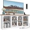 imageYITAHOME Farmhouse TV Stand with Mount for 3270 Inch TVs Entertainment Center with Power Outlets Media Console Cabinet with Tempered Glass Doors for Living Room Washed Grey ampamp White