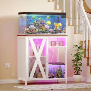 imageYITAHOME 90120 Gallon Reptile Tank Stand with Power Outlet ampamp LED Light Heavy Duty Aquarium Stand with Accessories Storage Cabinet  Metal Fish Tank Stand for Turtle Reptile 2000LBS Capacity WhiteWhite Oak