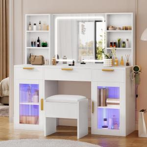 imageYITAHOME Large Vanity Desk with LED Mirror and Lights 563quot Makeup Vanity Set with Glass Cabinets Open Shelves Power Outlet Cushioned Stool