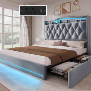 imageYITAHOME King Size Bed Frame with 4 Storage Drawers and RGB LED Lights 57 Tall Headboard Velvet Upholstered Bed with Charging Station No Box Spring Needed Easy Assembly NoiseFree GreyGrey