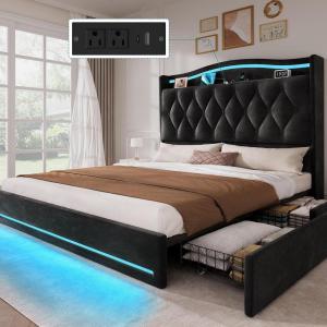 imageYITAHOME King Size Bed Frame with 4 Storage Drawers and RGB LED Lights 57 Tall Headboard Velvet Upholstered Bed with Charging Station No Box Spring Needed Easy Assembly NoiseFree GreyBlack