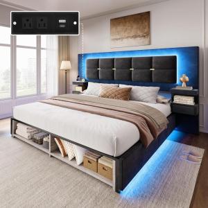 imageYITAHOME Queen Size Bed Frame with Upholstered Oversize Headboard and LED Lights Luxury Velvet Platform with Charging Station and Drawers ampamp Nightstands No Box Spring Needed Easy Assembly BlackBlack