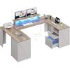imageYITAHOME U Shaped Computer Desk with Power Outlet ampamp LED Strip Farmhouse Computer Desk with Drawers Wood Home Office Desk with Storage Shelves ampamp Monitor Stand ampamp Record Storage Display Grey WashGrey Wash