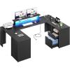 imageYITAHOME U Shaped Computer Desk with Power Outlet ampamp LED Strip Farmhouse Computer Desk with Drawers Wood Home Office Desk with Storage Shelves ampamp Monitor Stand ampamp Record Storage Display Grey WashBlack Carbon Fiber