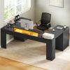 imageYITAHOME U Shaped Computer Desk with Power Outlet ampamp LED Strip Farmhouse Computer Desk with Drawers Wood Home Office Desk with Storage Shelves ampamp Monitor Stand ampamp Record Storage Display Grey WashBlack Carbon Fiber
