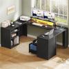 imageYITAHOME U Shaped Computer Desk with Power Outlet ampamp LED Strip Farmhouse Computer Desk with Drawers Wood Home Office Desk with Storage Shelves ampamp Monitor Stand ampamp Record Storage Display Grey WashBlack Carbon Fiber