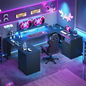 imageYITAHOME U Shaped Computer Desk with Power Outlet ampamp LED Strip Farmhouse Computer Desk with Drawers Wood Home Office Desk with Storage Shelves ampamp Monitor Stand ampamp Record Storage Display Grey WashBlack Carbon Fiber