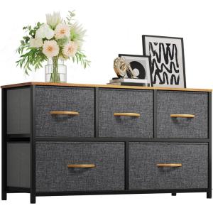 imageYITAHOME Dresser with 5 Drawers  Fabric Storage Tower Organizer Unit for Bedroom Living Room Closets  Sturdy Steel Frame Wooden TopCool Dark Grey