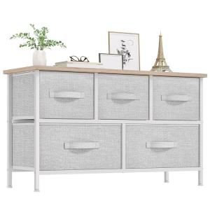 imageYITAHOME Dresser with 5 Drawers  Fabric Storage Tower Organizer Unit for Bedroom Living Room Closets  Sturdy Steel Frame Wooden TopLight Grey Print